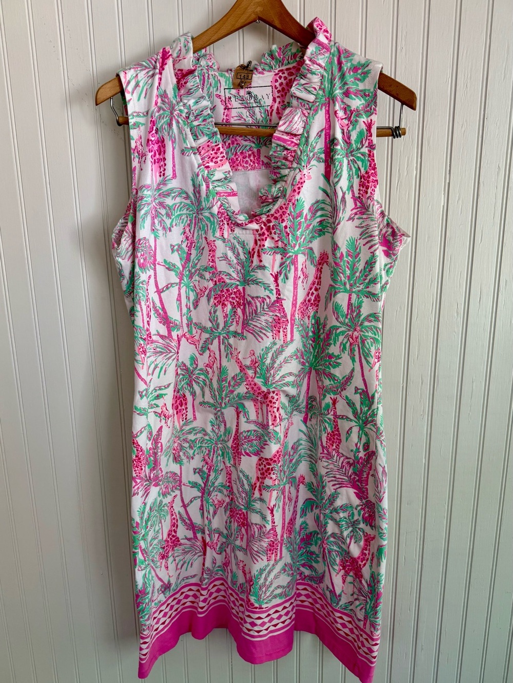 Rezobay Pink & Green Tropical Mini Dress Size Large Giraffe and palm tree print
